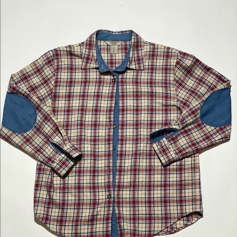 Vintage 90s jean patched plaid button down shirt